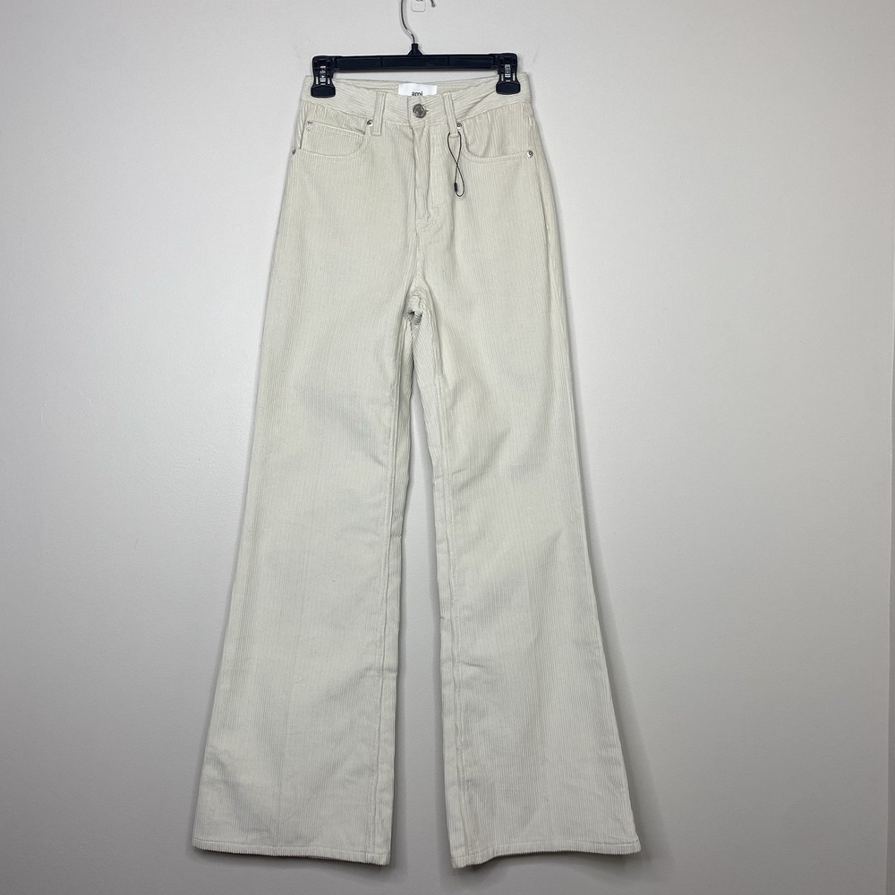 AMI PARIS Alexandre Mattiussi Women's Size XS Flare Leg Corduroy Trousers Ivory - Picture 2 of 14